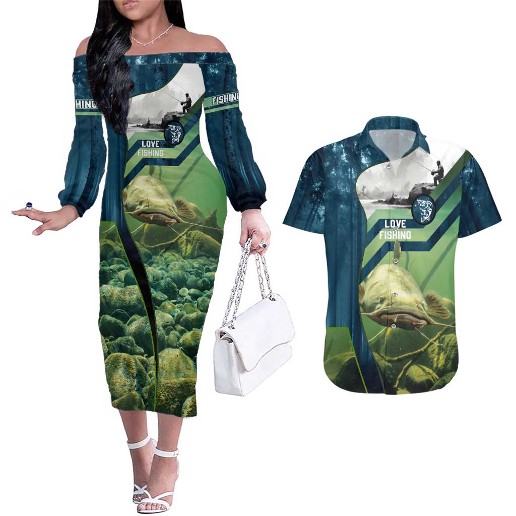 Catfish and Underwater Scene Design Couples Matching Off The Shoulder Long Sleeve Dress and Hawaiian Shirt with Forest Background and Fishing Theme Elements - Wonder Print Shop