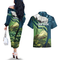 Catfish and Underwater Scene Design Couples Matching Off The Shoulder Long Sleeve Dress and Hawaiian Shirt with Forest Background and Fishing Theme Elements - Wonder Print Shop