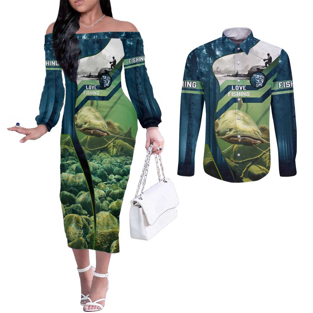 Catfish and Underwater Scene Design Couples Matching Off The Shoulder Long Sleeve Dress and Long Sleeve Button Shirt with Forest Background and Fishing Theme Elements - Wonder Print Shop