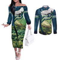Catfish and Underwater Scene Design Couples Matching Off The Shoulder Long Sleeve Dress and Long Sleeve Button Shirt with Forest Background and Fishing Theme Elements - Wonder Print Shop