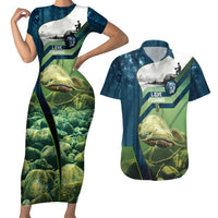 Catfish and Underwater Scene Design Couples Matching Short Sleeve Bodycon Dress and Hawaiian Shirt with Forest Background and Fishing Theme Elements - Wonder Print Shop