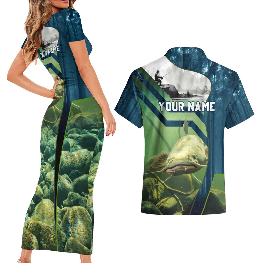 Catfish and Underwater Scene Design Couples Matching Short Sleeve Bodycon Dress and Hawaiian Shirt with Forest Background and Fishing Theme Elements - Wonder Print Shop