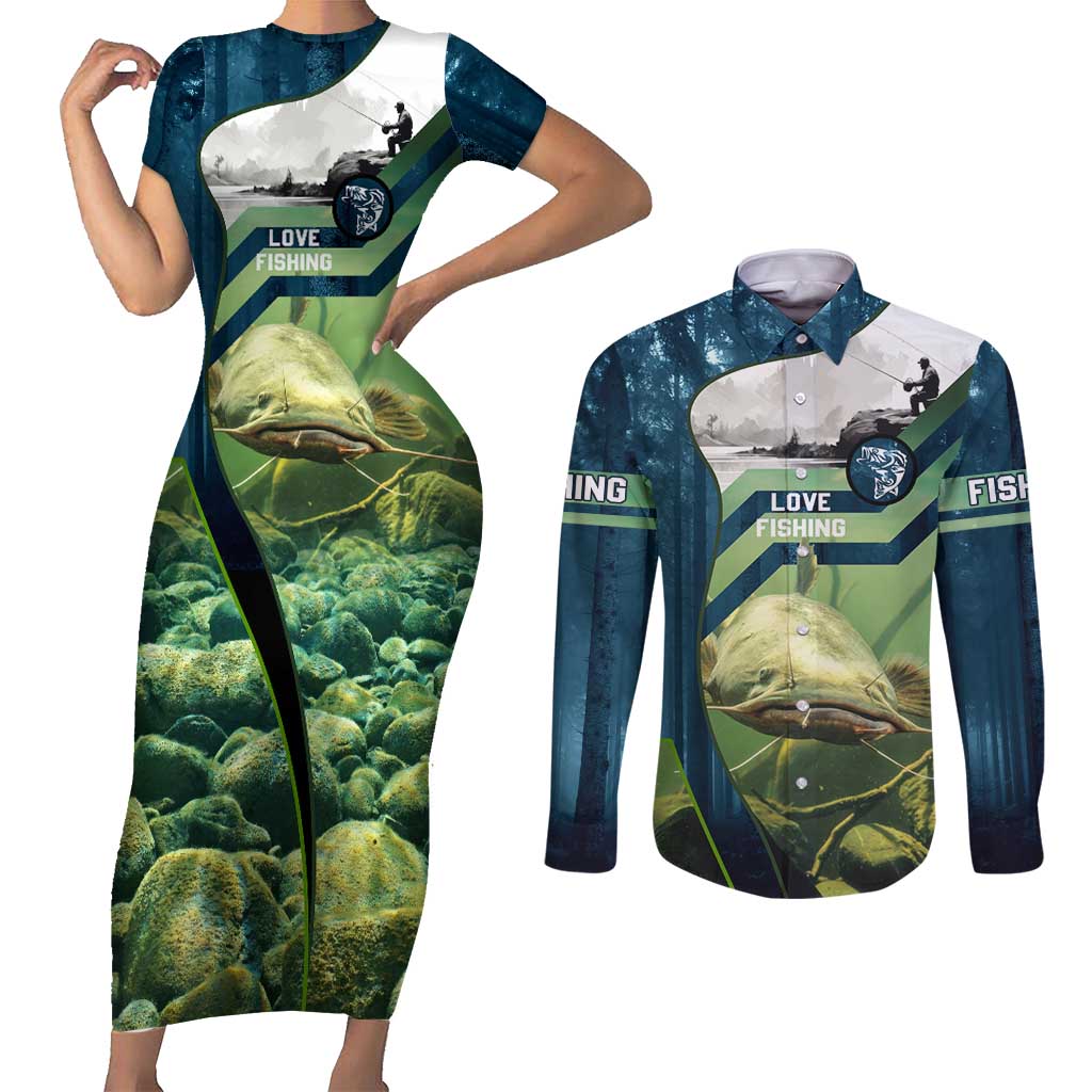 Catfish and Underwater Scene Design Couples Matching Short Sleeve Bodycon Dress and Long Sleeve Button Shirt with Forest Background and Fishing Theme Elements - Wonder Print Shop