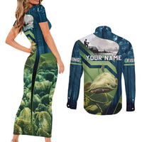 Catfish and Underwater Scene Design Couples Matching Short Sleeve Bodycon Dress and Long Sleeve Button Shirt with Forest Background and Fishing Theme Elements - Wonder Print Shop