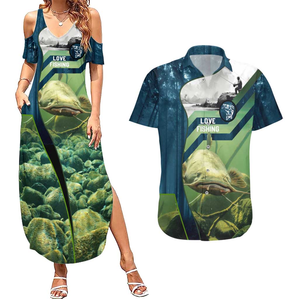 Catfish and Underwater Scene Design Couples Matching Summer Maxi Dress and Hawaiian Shirt with Forest Background and Fishing Theme Elements - Wonder Print Shop