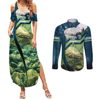 Catfish and Underwater Scene Design Couples Matching Summer Maxi Dress and Long Sleeve Button Shirt with Forest Background and Fishing Theme Elements - Wonder Print Shop
