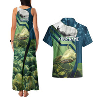 Catfish and Underwater Scene Design Couples Matching Tank Maxi Dress and Hawaiian Shirt with Forest Background and Fishing Theme Elements - Wonder Print Shop