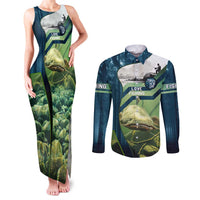 Catfish and Underwater Scene Design Couples Matching Tank Maxi Dress and Long Sleeve Button Shirt with Forest Background and Fishing Theme Elements - Wonder Print Shop