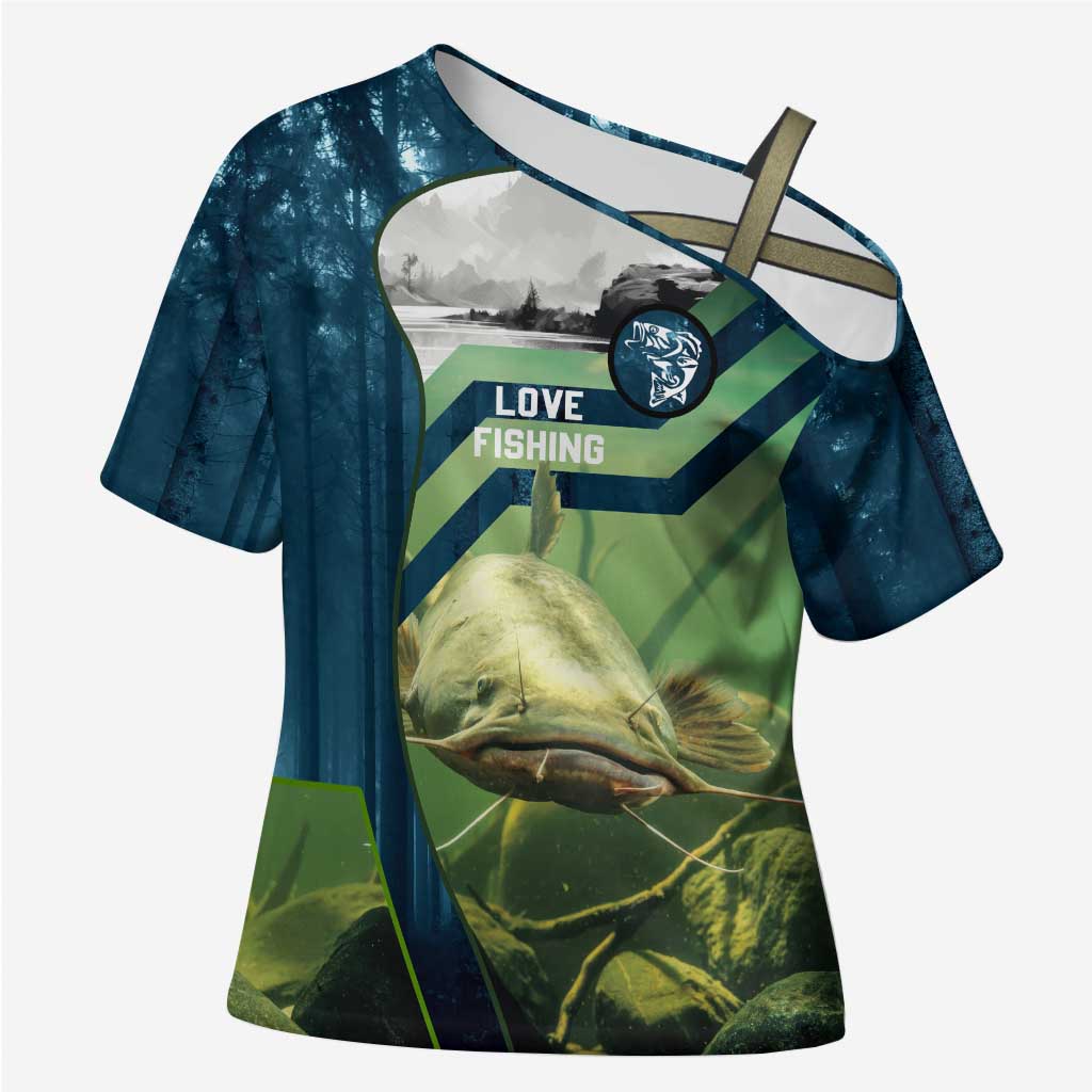 Catfish and Underwater Scene Design Cross Shoulder Shirt with Forest Background and Fishing Theme Elements - Wonder Print Shop