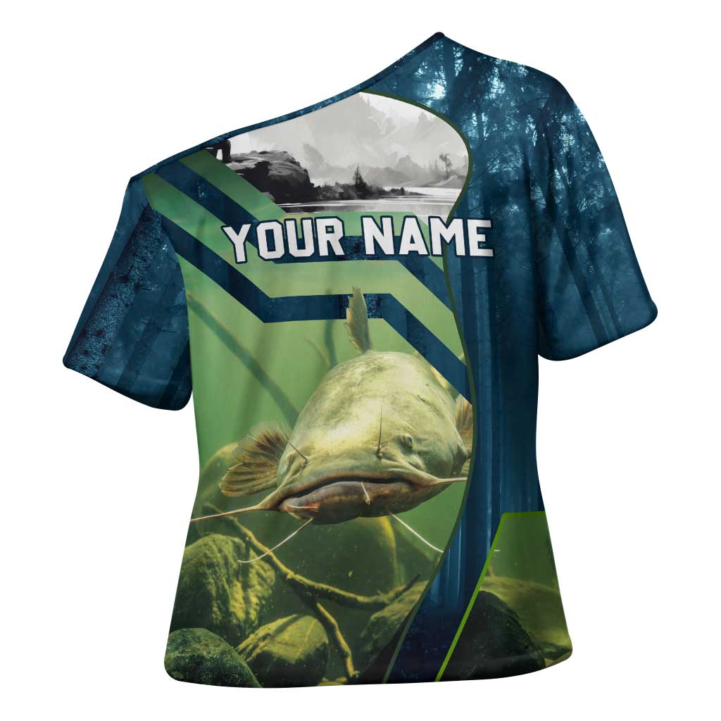 Catfish and Underwater Scene Design Cross Shoulder Shirt with Forest Background and Fishing Theme Elements - Wonder Print Shop