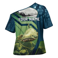 Catfish and Underwater Scene Design Cross Shoulder Shirt with Forest Background and Fishing Theme Elements - Wonder Print Shop
