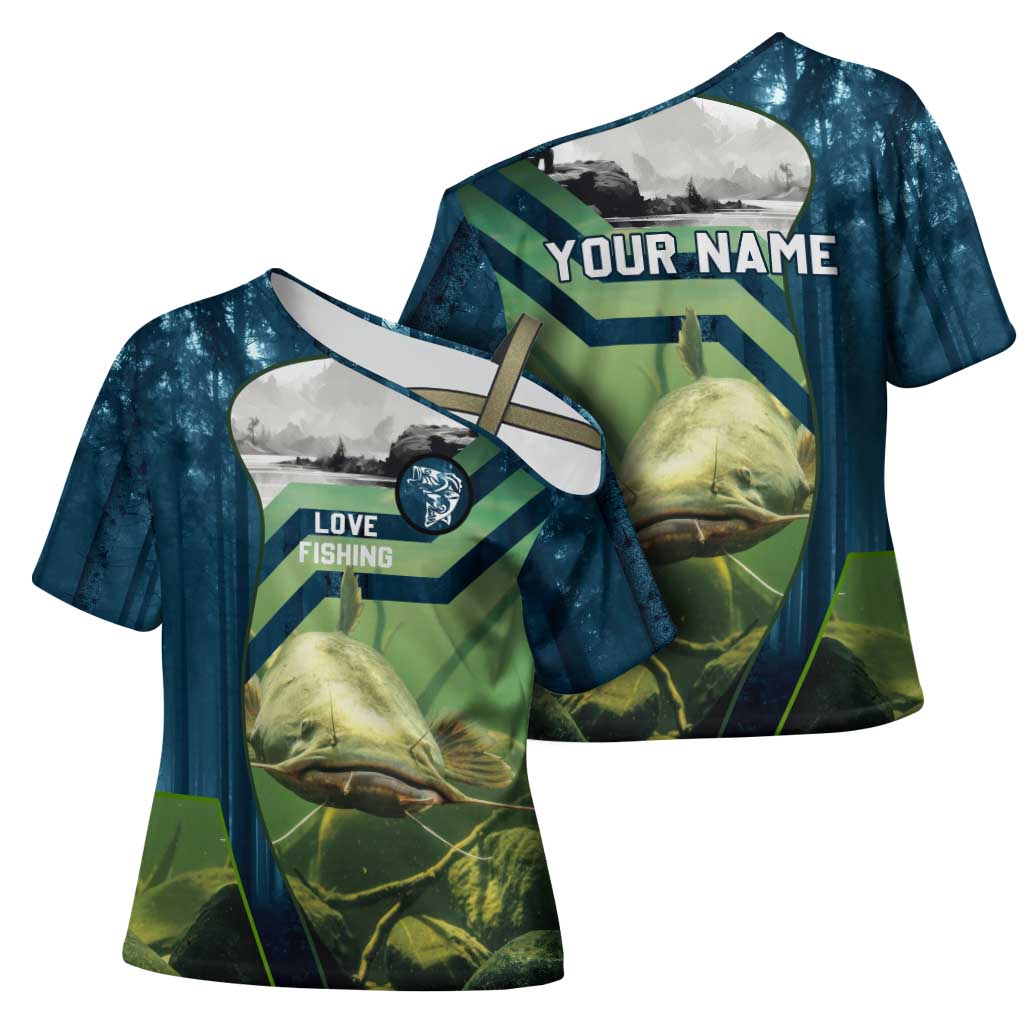 Catfish and Underwater Scene Design Cross Shoulder Shirt with Forest Background and Fishing Theme Elements - Wonder Print Shop
