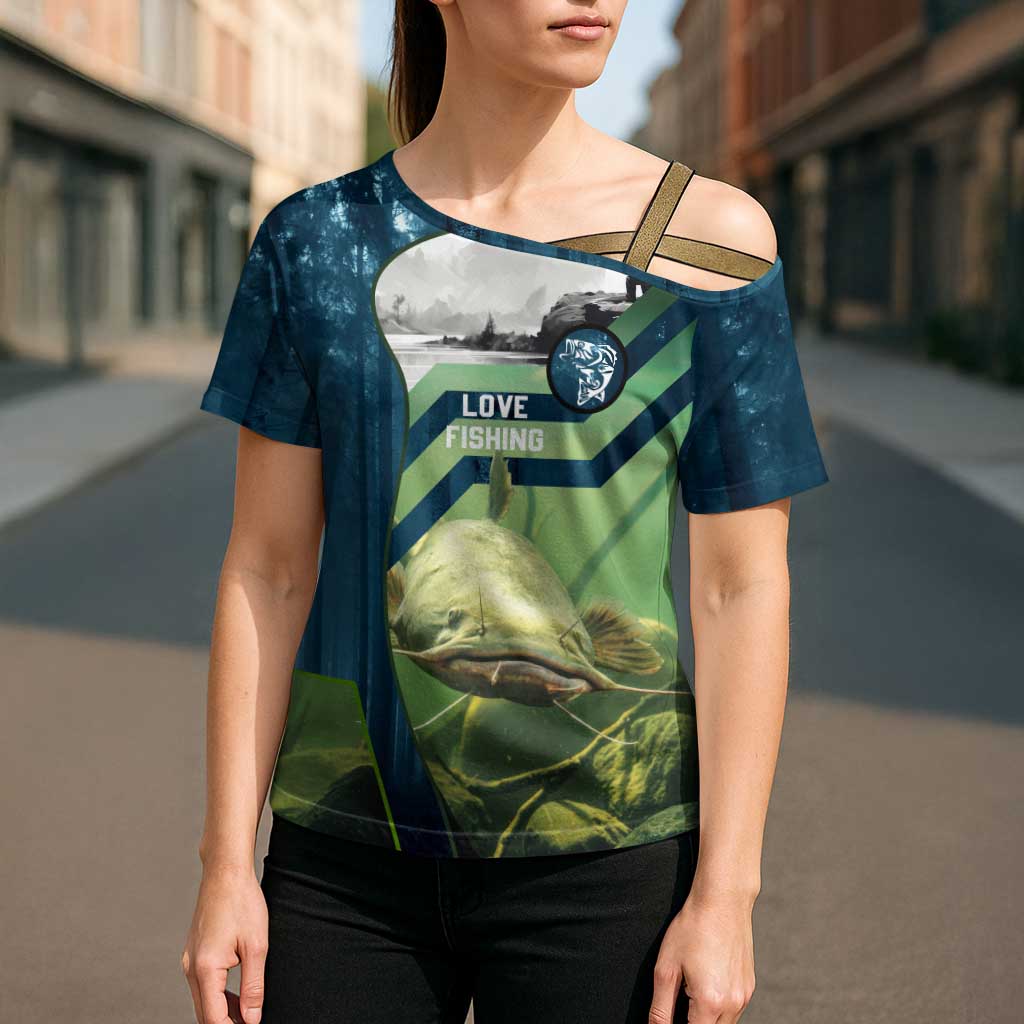 Catfish and Underwater Scene Design Cross Shoulder Shirt with Forest Background and Fishing Theme Elements - Wonder Print Shop