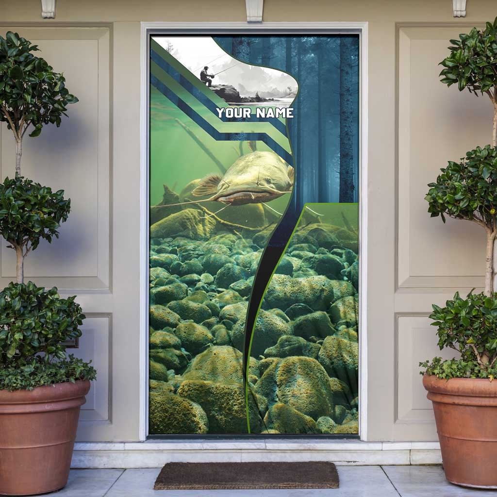 Catfish and Underwater Scene Design Door Cover with Forest Background and Fishing Theme Elements - Wonder Print Shop
