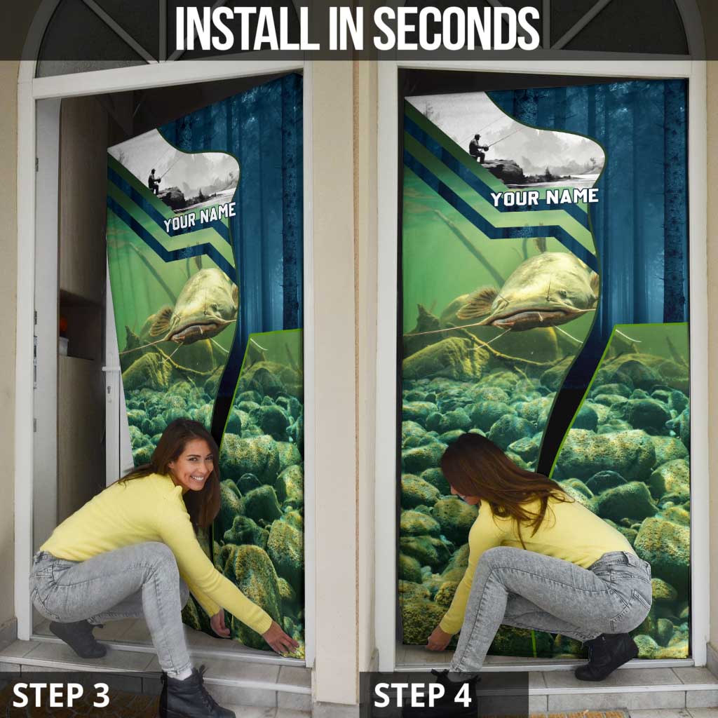 Catfish and Underwater Scene Design Door Cover with Forest Background and Fishing Theme Elements - Wonder Print Shop
