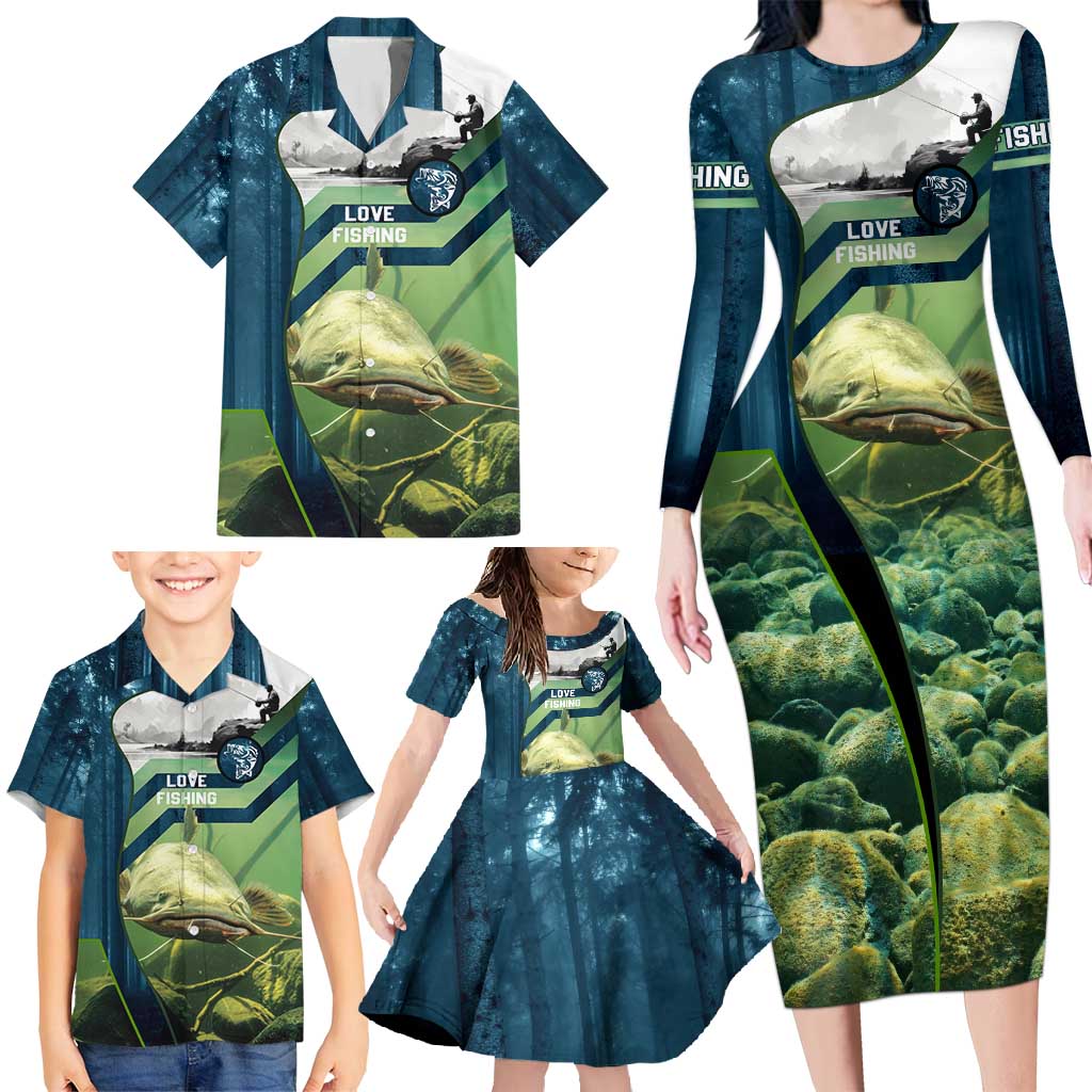 Catfish and Underwater Scene Design Family Matching Long Sleeve Bodycon Dress and Hawaiian Shirt with Forest Background and Fishing Theme Elements - Wonder Print Shop