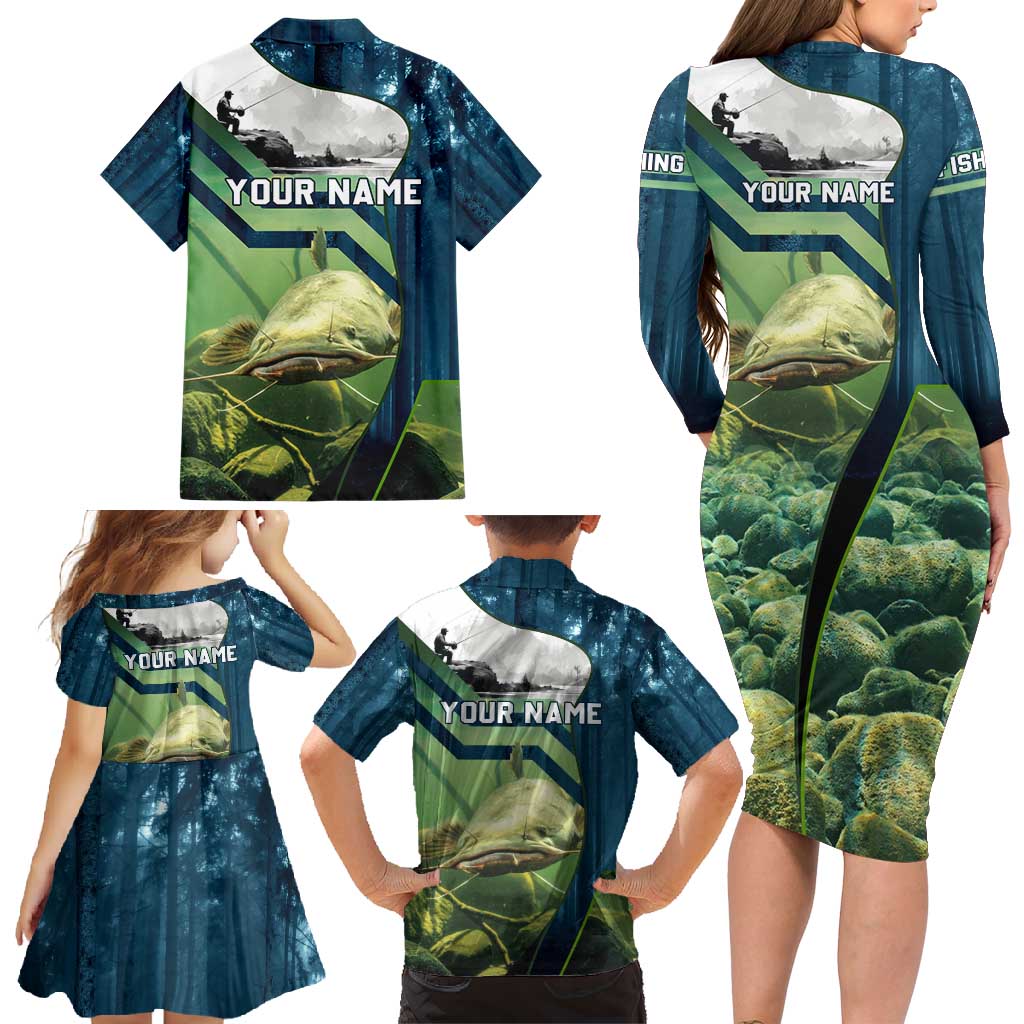 Catfish and Underwater Scene Design Family Matching Long Sleeve Bodycon Dress and Hawaiian Shirt with Forest Background and Fishing Theme Elements - Wonder Print Shop