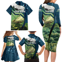 Catfish and Underwater Scene Design Family Matching Long Sleeve Bodycon Dress and Hawaiian Shirt with Forest Background and Fishing Theme Elements - Wonder Print Shop