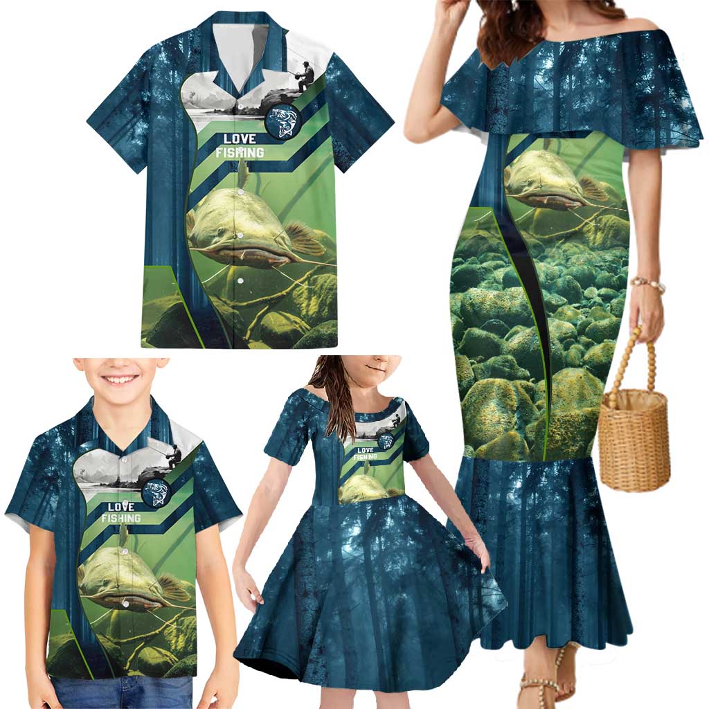 Catfish and Underwater Scene Design Family Matching Mermaid Dress and Hawaiian Shirt with Forest Background and Fishing Theme Elements - Wonder Print Shop