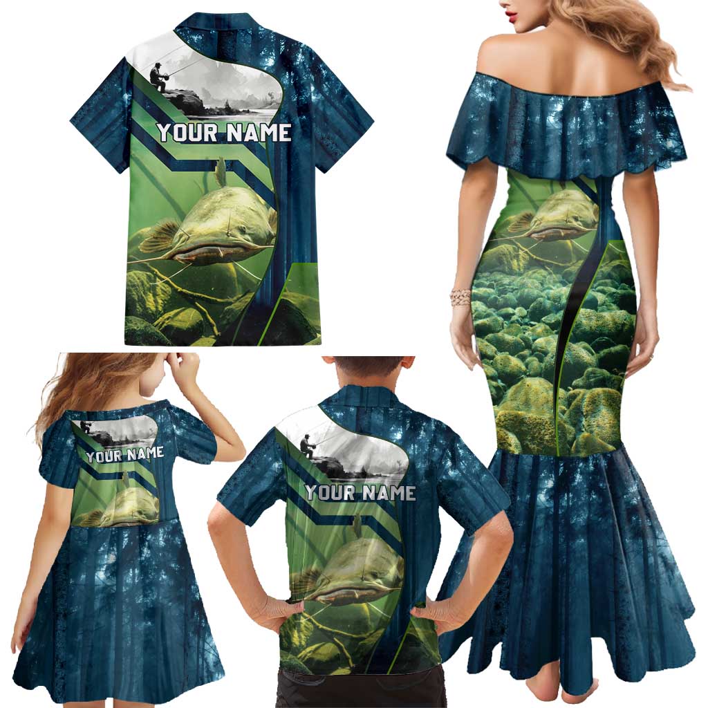Catfish and Underwater Scene Design Family Matching Mermaid Dress and Hawaiian Shirt with Forest Background and Fishing Theme Elements - Wonder Print Shop