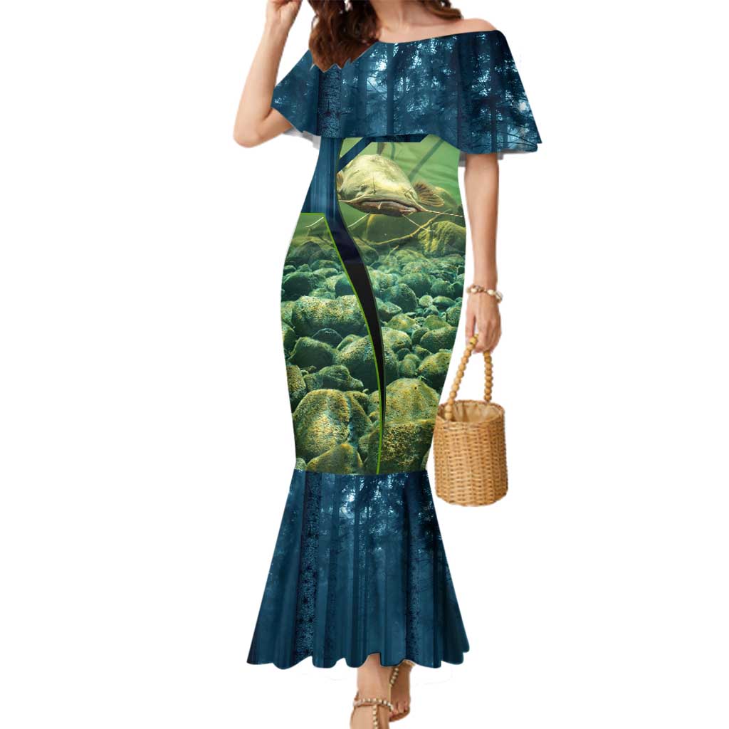 Catfish and Underwater Scene Design Family Matching Mermaid Dress and Hawaiian Shirt with Forest Background and Fishing Theme Elements - Wonder Print Shop