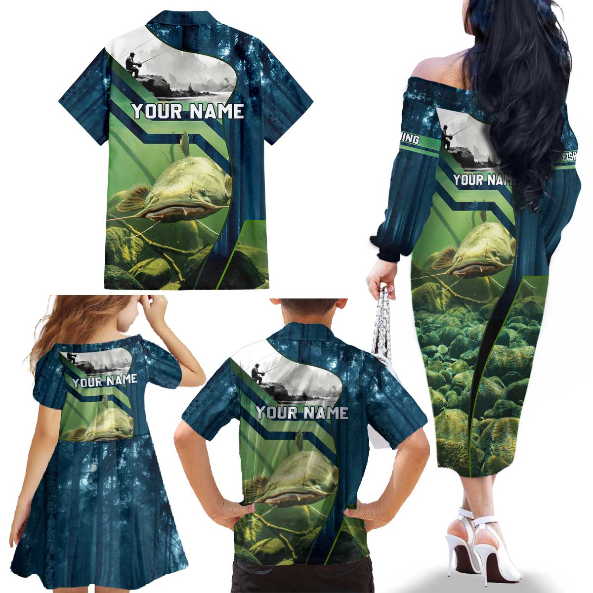 Catfish and Underwater Scene Design Family Matching Off The Shoulder Long Sleeve Dress and Hawaiian Shirt with Forest Background and Fishing Theme Elements - Wonder Print Shop