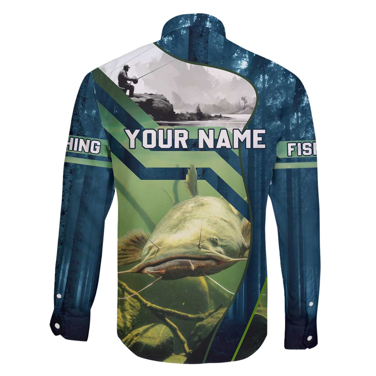 Catfish and Underwater Scene Design Family Matching Off The Shoulder Long Sleeve Dress and Hawaiian Shirt with Forest Background and Fishing Theme Elements - Wonder Print Shop