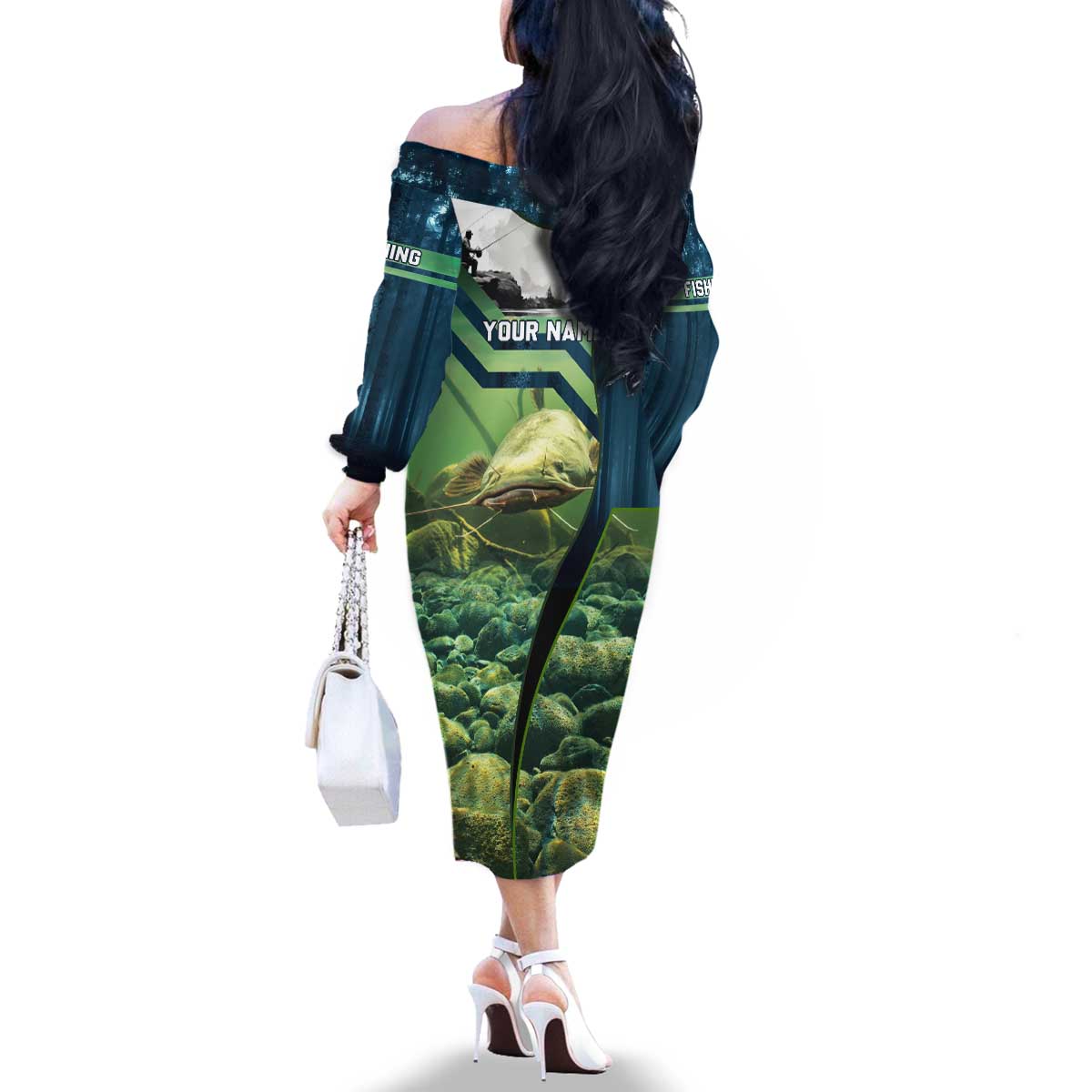 Catfish and Underwater Scene Design Family Matching Off The Shoulder Long Sleeve Dress and Hawaiian Shirt with Forest Background and Fishing Theme Elements - Wonder Print Shop