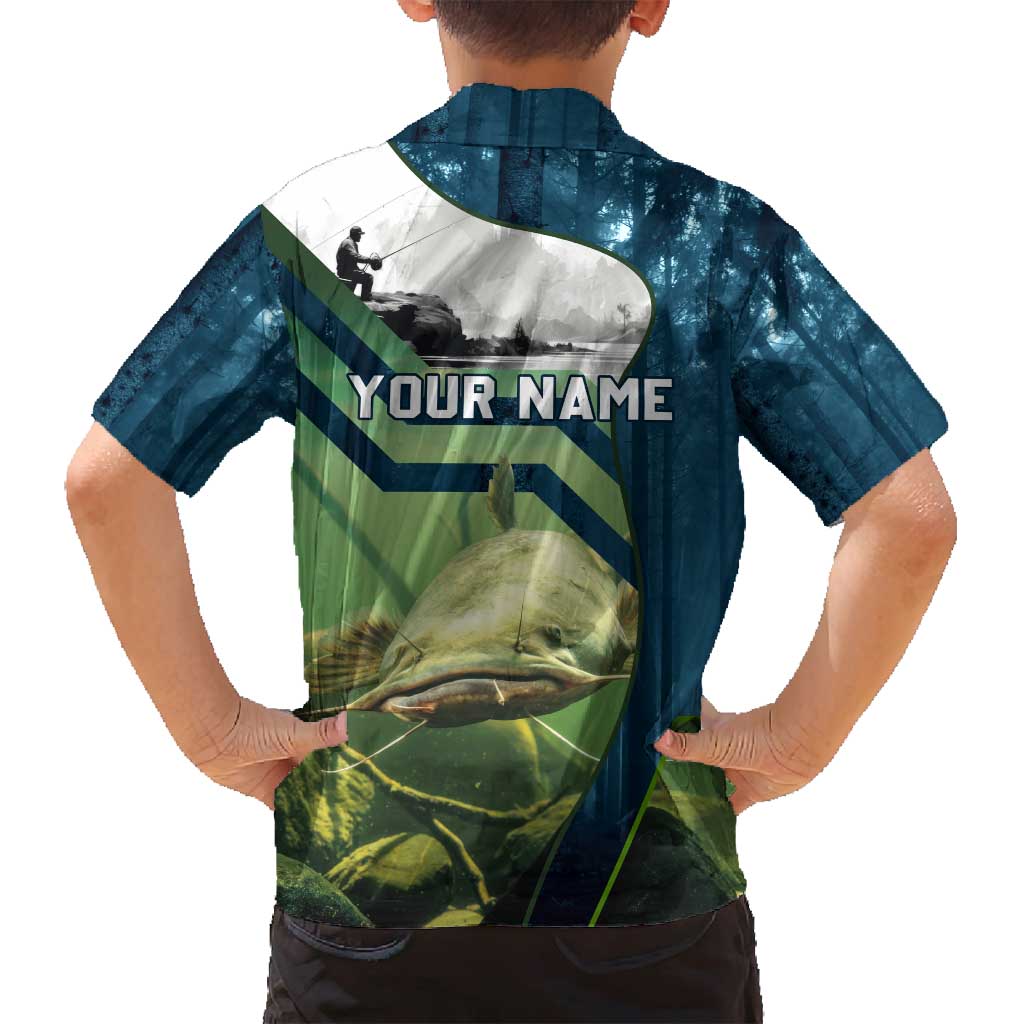 Catfish and Underwater Scene Design Family Matching Off Shoulder Maxi Dress and Hawaiian Shirt with Forest Background and Fishing Theme Elements - Wonder Print Shop