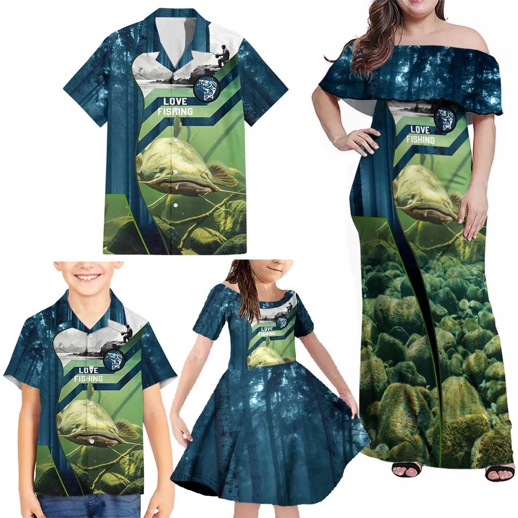 Catfish and Underwater Scene Design Family Matching Off Shoulder Maxi Dress and Hawaiian Shirt with Forest Background and Fishing Theme Elements - Wonder Print Shop