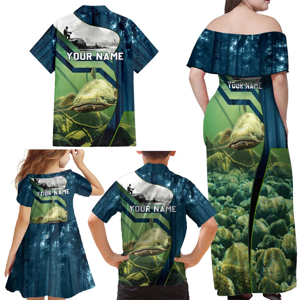 Catfish and Underwater Scene Design Family Matching Off Shoulder Maxi Dress and Hawaiian Shirt with Forest Background and Fishing Theme Elements - Wonder Print Shop
