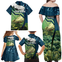 Catfish and Underwater Scene Design Family Matching Off Shoulder Maxi Dress and Hawaiian Shirt with Forest Background and Fishing Theme Elements - Wonder Print Shop