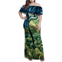 Catfish and Underwater Scene Design Family Matching Off Shoulder Maxi Dress and Hawaiian Shirt with Forest Background and Fishing Theme Elements - Wonder Print Shop