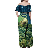Catfish and Underwater Scene Design Family Matching Off Shoulder Maxi Dress and Hawaiian Shirt with Forest Background and Fishing Theme Elements - Wonder Print Shop