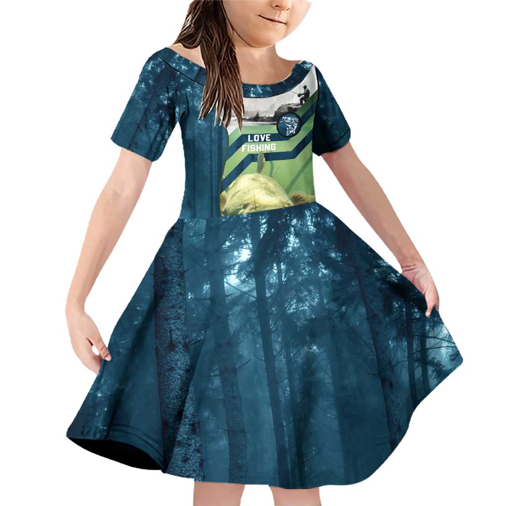 Catfish and Underwater Scene Design Family Matching Off Shoulder Short Dress and Hawaiian Shirt with Forest Background and Fishing Theme Elements - Wonder Print Shop