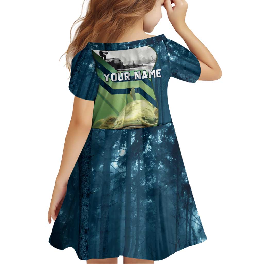Catfish and Underwater Scene Design Family Matching Off Shoulder Short Dress and Hawaiian Shirt with Forest Background and Fishing Theme Elements - Wonder Print Shop
