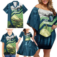 Catfish and Underwater Scene Design Family Matching Off Shoulder Short Dress and Hawaiian Shirt with Forest Background and Fishing Theme Elements - Wonder Print Shop