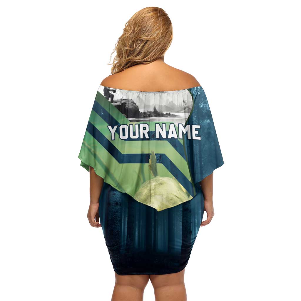 Catfish and Underwater Scene Design Family Matching Off Shoulder Short Dress and Hawaiian Shirt with Forest Background and Fishing Theme Elements - Wonder Print Shop