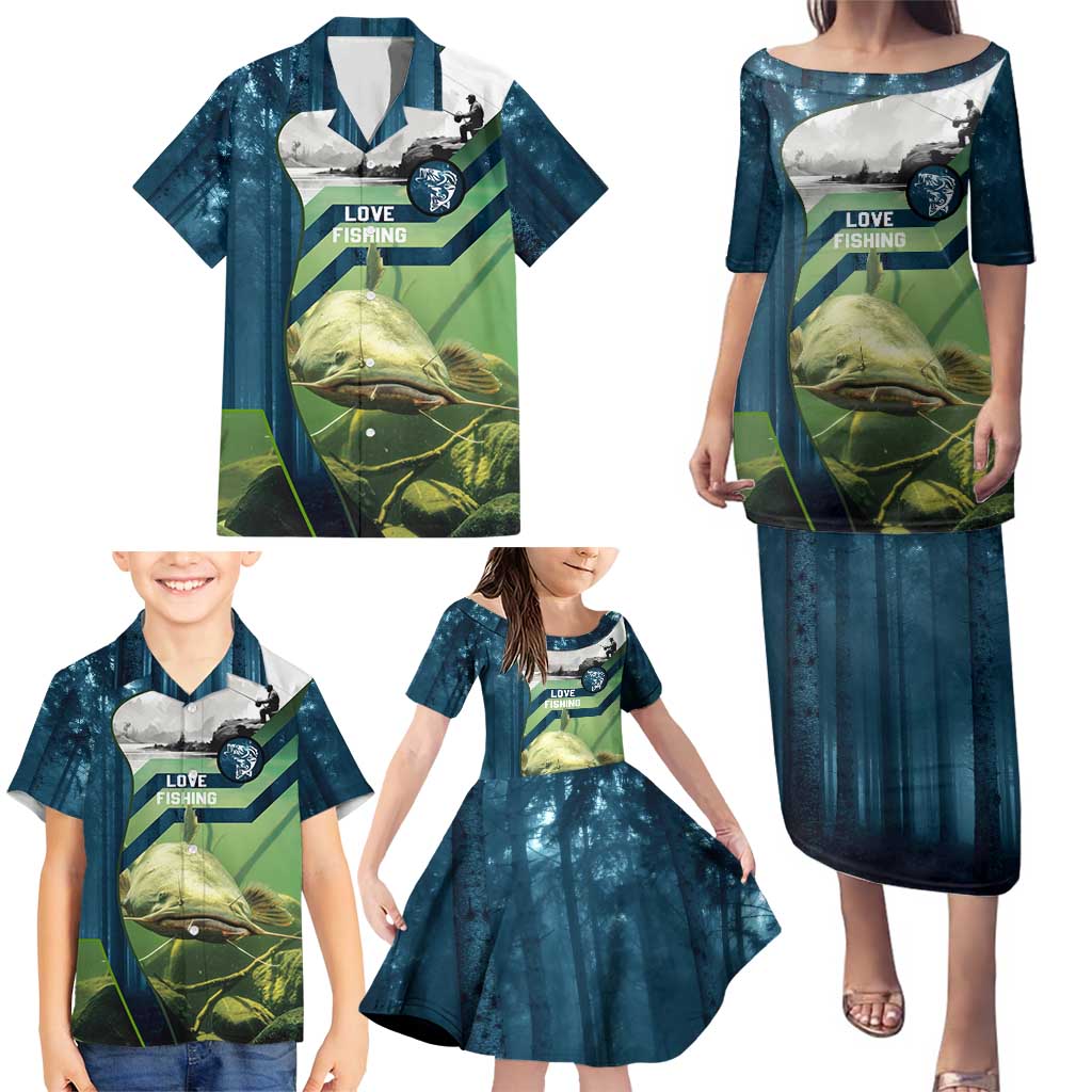 Catfish and Underwater Scene Design Family Matching Puletasi and Hawaiian Shirt with Forest Background and Fishing Theme Elements - Wonder Print Shop