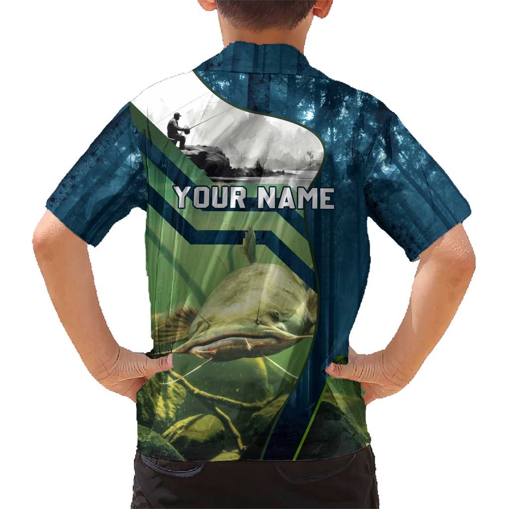 Catfish and Underwater Scene Design Family Matching Short Sleeve Bodycon Dress and Hawaiian Shirt with Forest Background and Fishing Theme Elements - Wonder Print Shop