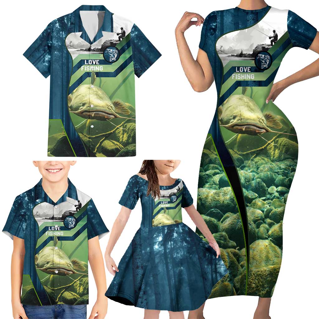 Catfish and Underwater Scene Design Family Matching Short Sleeve Bodycon Dress and Hawaiian Shirt with Forest Background and Fishing Theme Elements - Wonder Print Shop