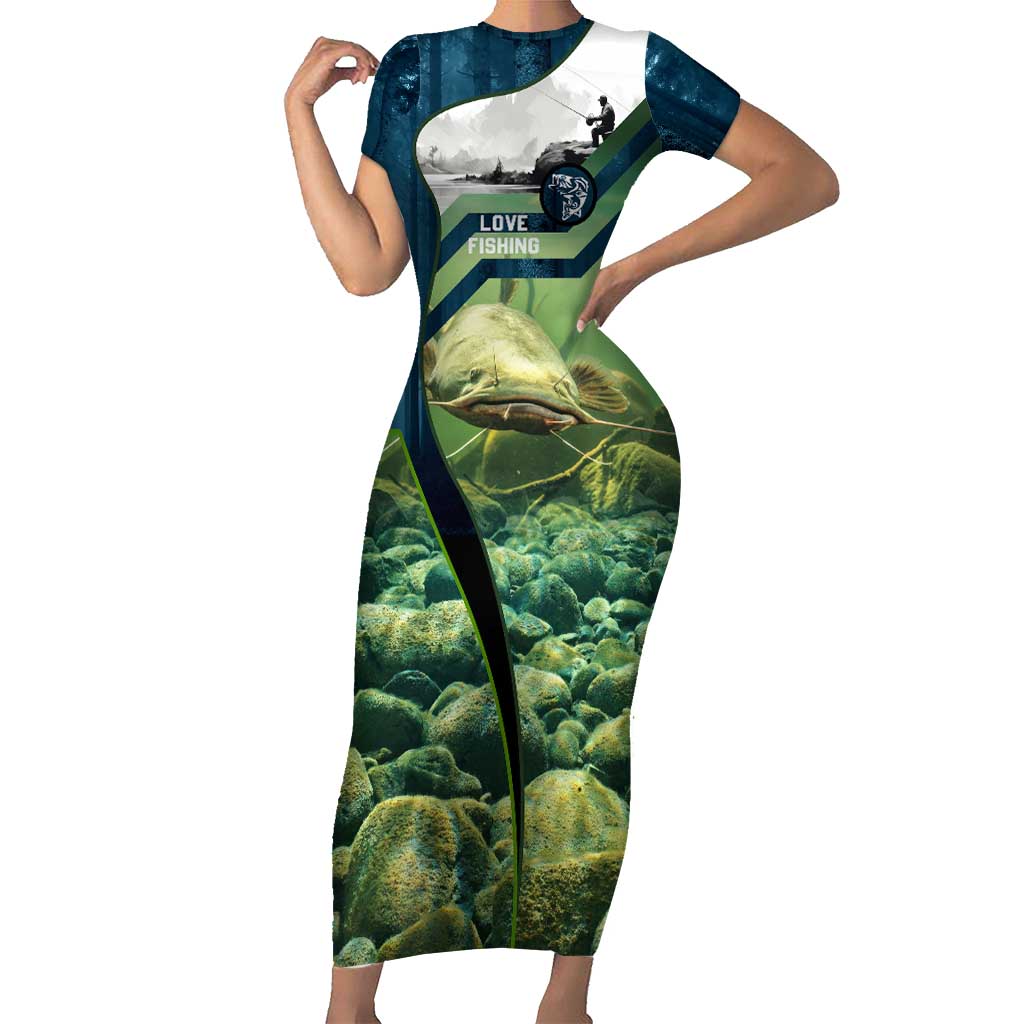 Catfish and Underwater Scene Design Family Matching Short Sleeve Bodycon Dress and Hawaiian Shirt with Forest Background and Fishing Theme Elements - Wonder Print Shop