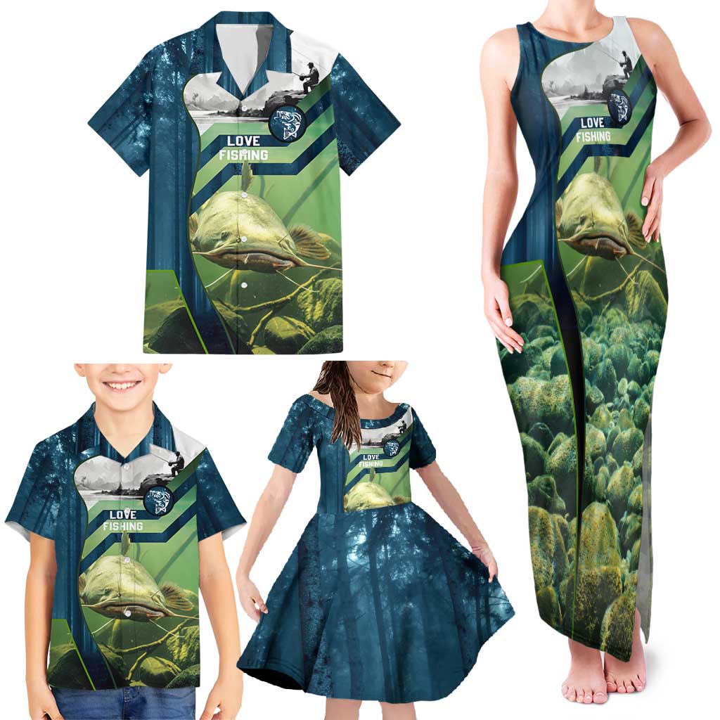 Catfish and Underwater Scene Design Family Matching Tank Maxi Dress and Hawaiian Shirt with Forest Background and Fishing Theme Elements - Wonder Print Shop