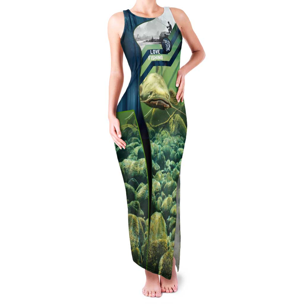 Catfish and Underwater Scene Design Family Matching Tank Maxi Dress and Hawaiian Shirt with Forest Background and Fishing Theme Elements - Wonder Print Shop