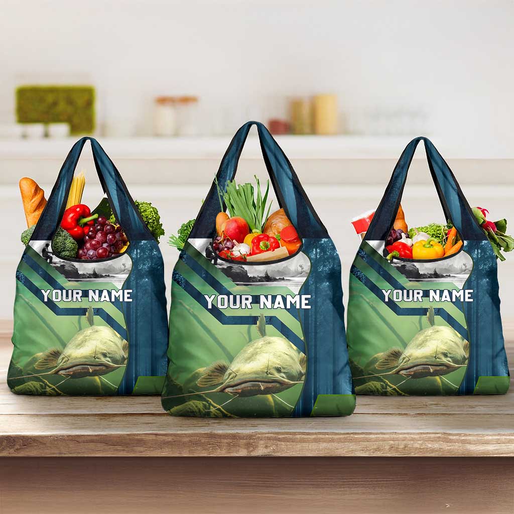 Catfish and Underwater Scene Design Grocery Bag with Forest Background and Fishing Theme Elements - Wonder Print Shop