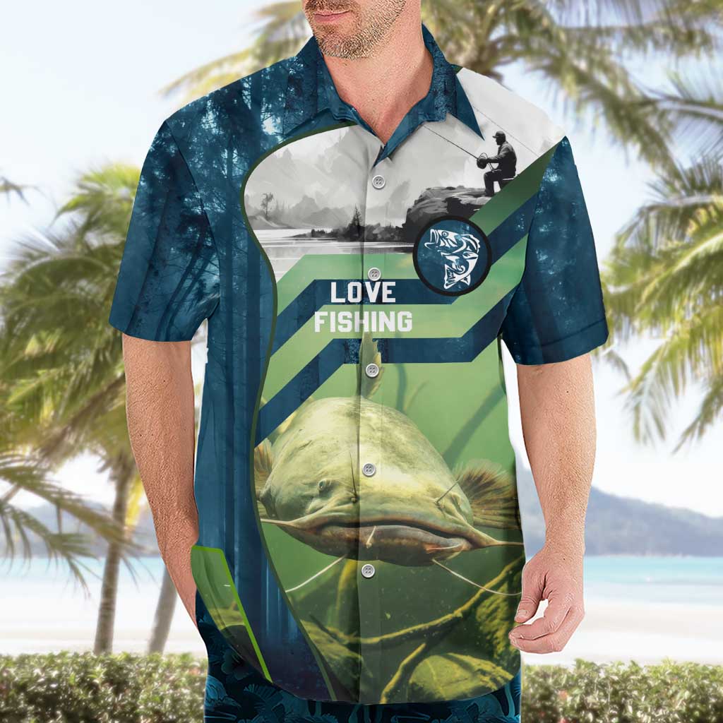 Catfish and Underwater Scene Design Hawaiian Shirt with Forest Background and Fishing Theme Elements - Wonder Print Shop