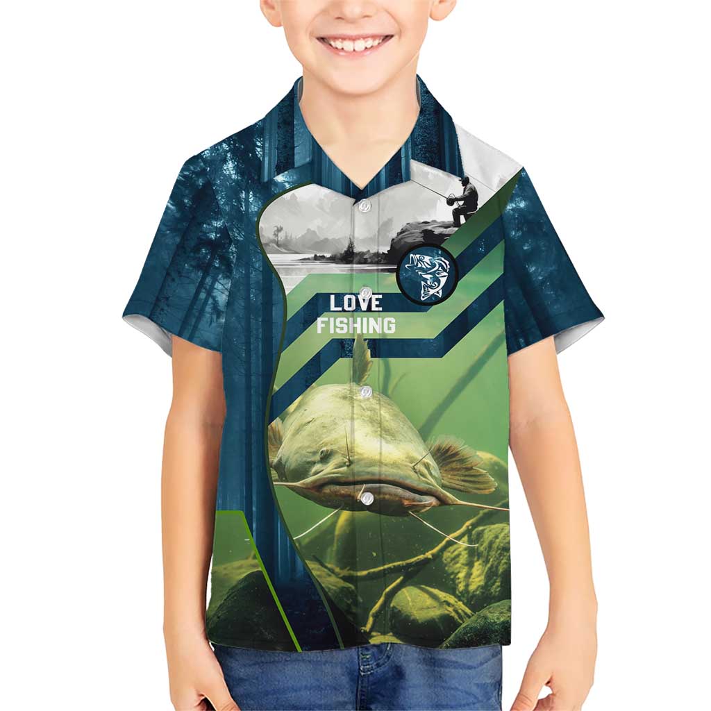 Catfish and Underwater Scene Design Hawaiian Shirt with Forest Background and Fishing Theme Elements - Wonder Print Shop