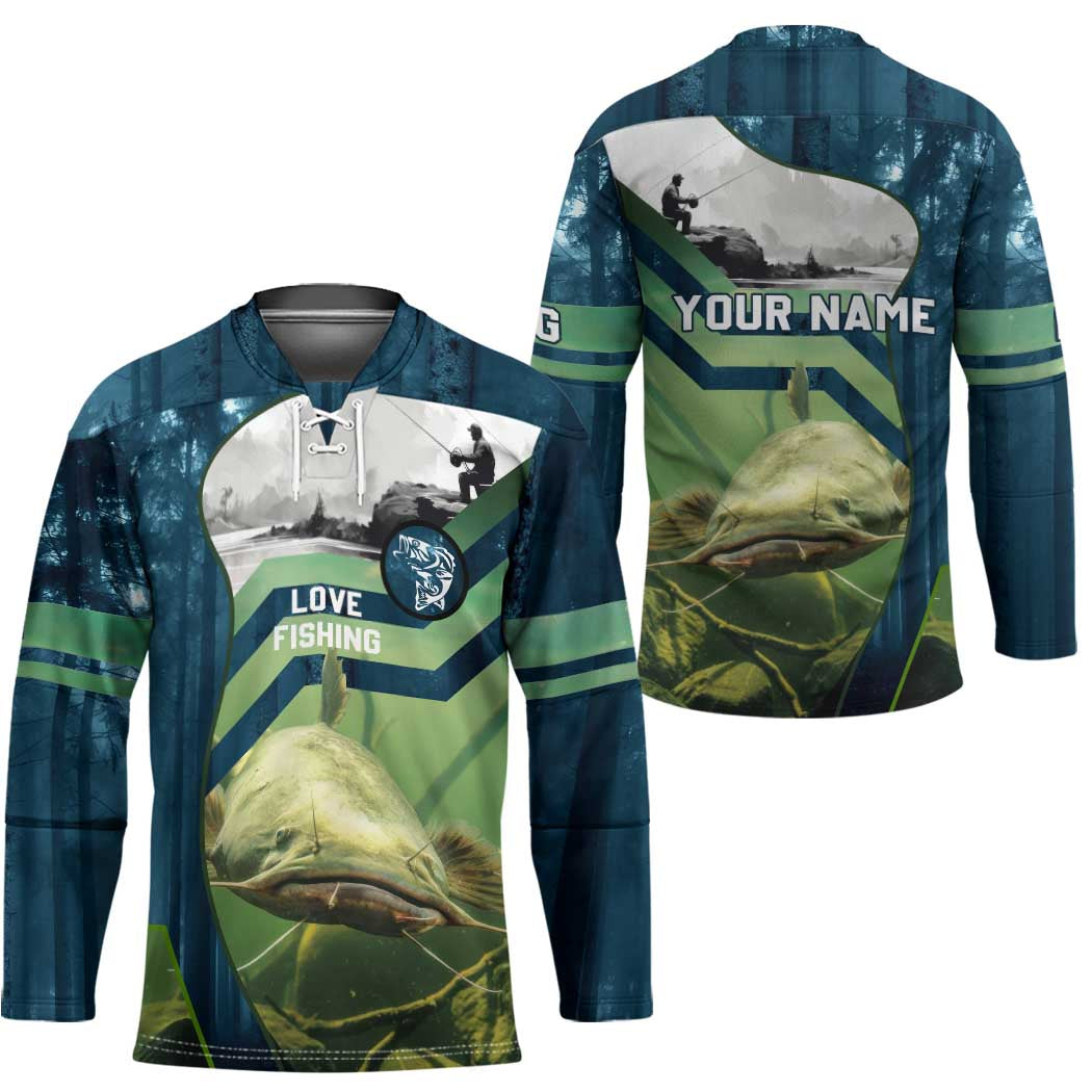 Catfish and Underwater Scene Design Hockey Jersey with Forest Background and Fishing Theme Elements - Wonder Print Shop