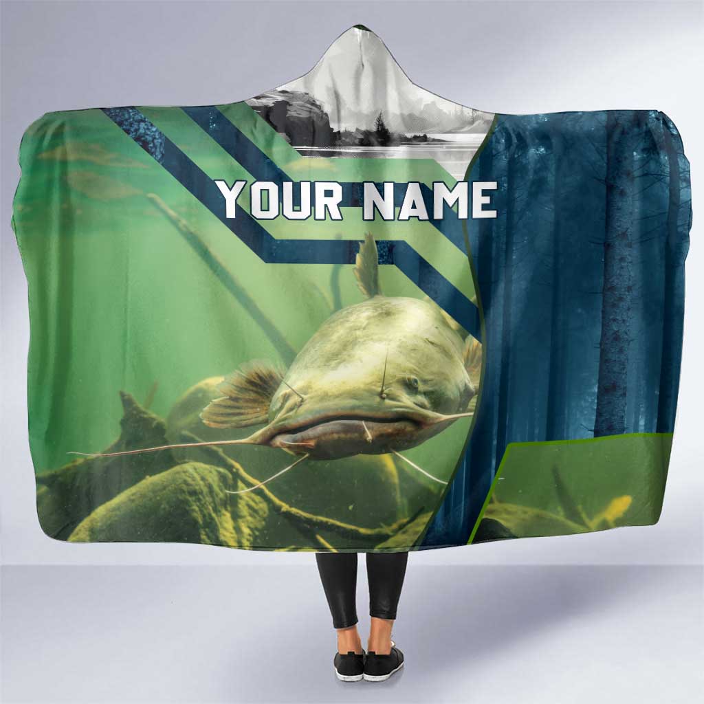 Catfish and Underwater Scene Design Hooded Blanket with Forest Background and Fishing Theme Elements - Wonder Print Shop