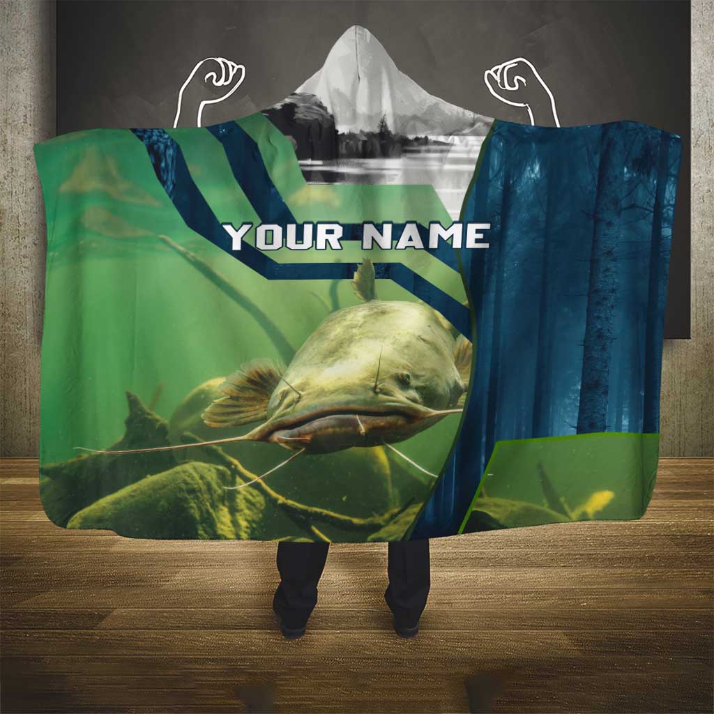 Catfish and Underwater Scene Design Hooded Blanket with Forest Background and Fishing Theme Elements - Wonder Print Shop